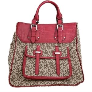 DKNY Jacquard Signature Logo Large Statement Tote With Red Faux Croc Detail